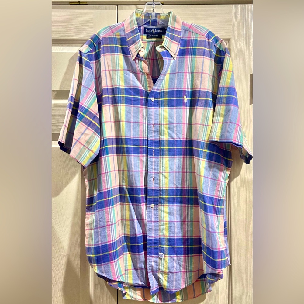 Ralph Lauren Mens X-Large Button Up Casual Pink, Blue Plaid Shirt Short Sleeved